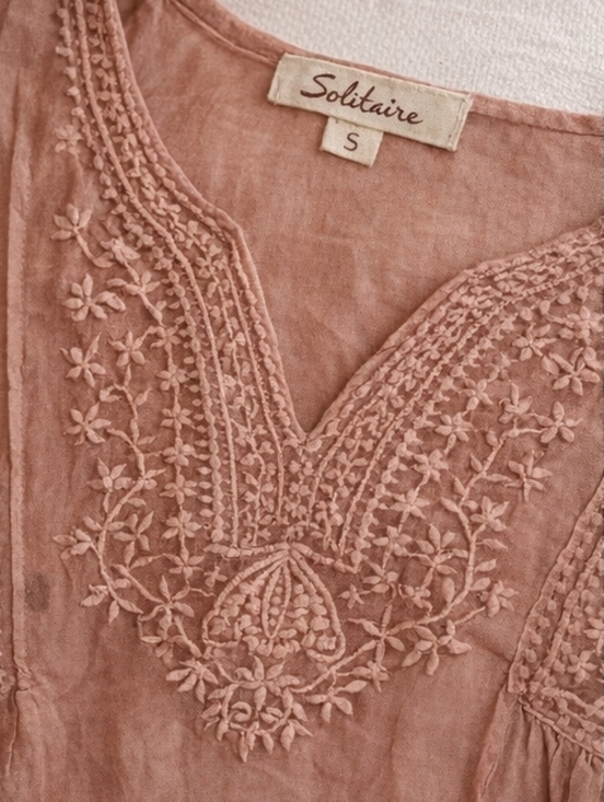 Solitaire Embroidered Boho Blouse – Dusty Rose Rayon - Picture 2 of 6